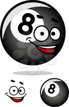 Gray cartooned eight pool ball with happy face on white background for billiards sports design