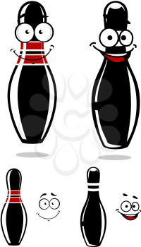 Cartooned black bowling pins characters isolated on white for sports mascot design