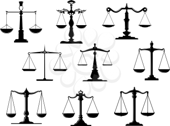 Black law scale icons with balance position isolated on white background
