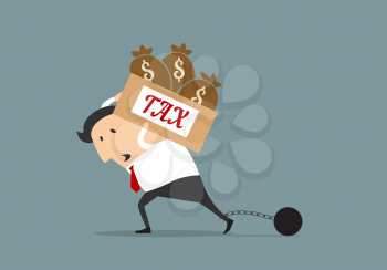 Tired cartoon businessman carrying on his shoulders heavy tax box with money bags, his leg locked in a chains and ball