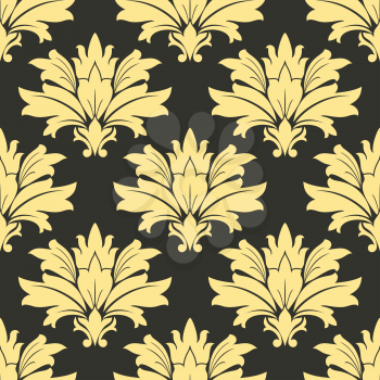 Damask yellow floral seamless retro pattern on a dark brown background for interior wallpaper and fabric design