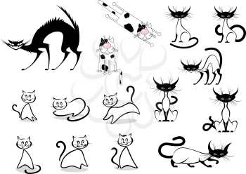 Cartoon cats characters with black, siamese and dotted cats in various poses and different activities on white background
