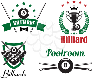 Billiards, snooker and pool game emblems or logo logo with crossed cues, balls, heraldry shield, wreath, sport trophy cup and ribbon banner for sport design