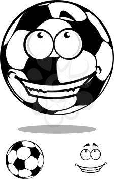 Funny cartoon football or soccer ball character with shadow and second variant with ball and smiling face separately