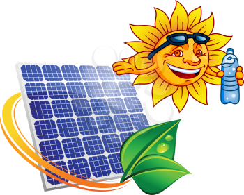 Blue solar energy panel surrounded by sun ray with green leaves above them smiling cartoon sun with sunglasses and bottle of water. Alternative energy and renewable resources concept