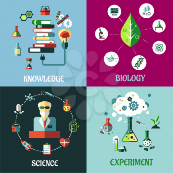 Science, medicine and physics concepts in flat style with flasks, test tubes, microscope, dna, atoms, knowledge,  books, medical and equipment icons