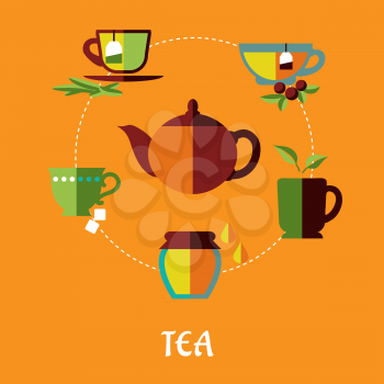 Flat tea concept in warm colors with teapot surrounded different shapes cups of tea with tea bags, jar of honey, sugar cubes and green leaves isolated on orange background