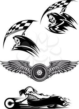 Tribal motocross mascot or tattoo design with skeleton on motorcycle with billowing flames, wings with wheel and demon in the hood holding checkered flag