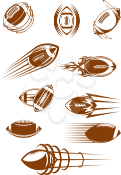 Brown icons of american football or rugby leather balls whirling and flying through the air with motion trails for sporting design