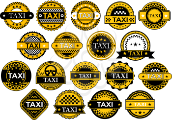 Labels or emblems for taxi and public transportation service in checkered yellow and black colors with stars and text Taxi in retro style