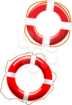 Red and white glossy life buoys with different ways of fixing for nautical design