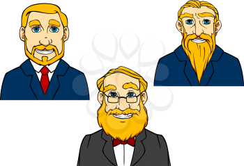 Toothy smiling cartooned seniors with beards and mustaches in suits and ties isolated on white background