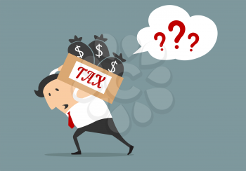 Taxation flat concept with cartooned businessman carrying tax box full of money bags and comics speech bubble with question marks