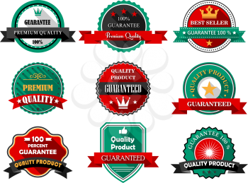 Premium quality guarantee flat labels in red, black and green colors for advertising and sales design with ribbon banners, stars and crowns in different shaped frames with long shadows