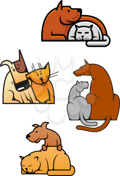 Mascot or logo for veterinary service or pet shop with cartoon cat and dog characters in different poses