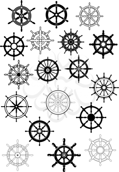 Retro ship wheel icon set in black color and outline style for nautical mascot or logo design