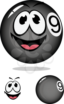 Glossy cartoon billiard pool ball number nine with smiling face and shadow for sporting mascot or logo design