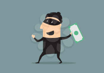 Excited smiling cartoon thief in black mask and costume in flat style holding a stolen dollar banknote