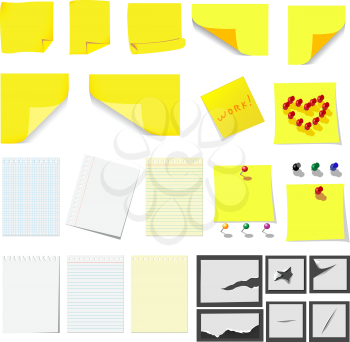 Office and school, yellow sticky notes and turned paper set for design