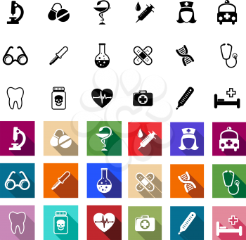 Black and coloured flat medical icons and symbols set isolated on white