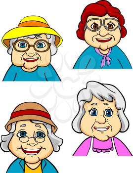 Cartoon happy old women and seniors characters on white background
