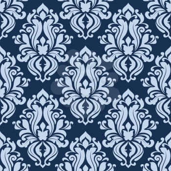 Blue floral seamless pattern with damask flowers on dark background