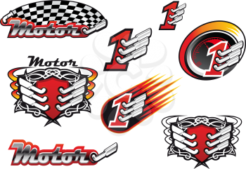 Racing and motocross emblems or symbols with checkered flags, number one and exhaust