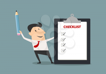 Cartoon happy businessman holding checklist board and pencil for business concept design