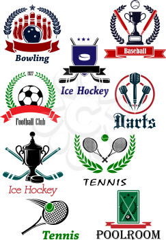 Sporting icons, emblems and symbols with darts, bowling, ice hockey, baseball, football, soccer, tennis, and poolroom elements