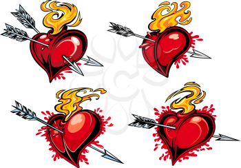 Bleeding hearts with arrows in retro style for tattoo or love concept design
