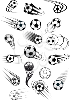 Football or soccer balls with motion trails in black and white for sporting emblems, logo and mascot design