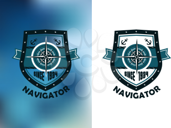Nautical Navigator label or emblem with compass, anchors, rope and founding date on heraldic shield in retro style on white and blue mottled background 