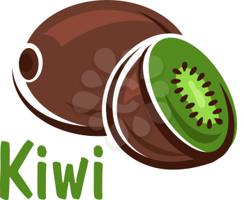 Ripe fresh kiwi with sliced half of fruit showing green juicy pulp and seeds on white background with caption Kiwi