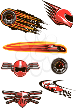 Racing and motorsport symbols in red and orange colors with helmet and speedometers in fire flames, racing cars on a checkered roads, motocross helmet and shield on handlebars
