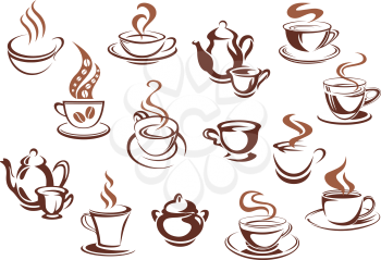 Coffee cups and pots in sketch style and brown colors with swirls of steam and coffee beans for cafe menu or coffee shop advertising design