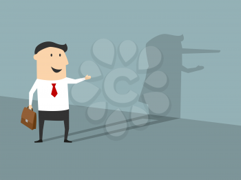 Cheerful cartoon businessman with briefcase standing against the wall with shadow that showing his long nose of a liar suitable for dishonest business and lie concept design