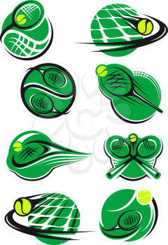 Green tennis icons with a ball, net and racket mostly depicting speed and motion for sports logo design