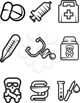 Outline vector medical icons in black and white with tablets, syringe, first aid kit, thermometer, stethoscope, poison, caduceus and test tube