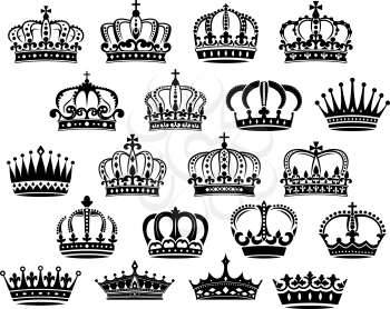 Royal medieval heraldic crowns set in black and white suitable for heraldry, monarchy and vintage concepts