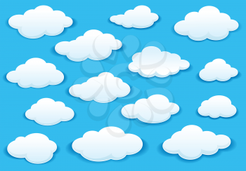 White fluffy cloud icons on a turquoise blue sky in different shapes with a drop shadow