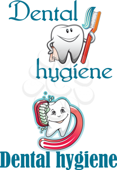 Dental hygiene logo and mascots with healthy smiling cartooned tooth, red toothbrush and paste for healthcare, dentistry banners 