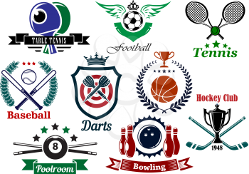 Set of sporting emblems and badges in various shapes and designs for tennis, football, baseball, darts, ice hockey, pool, bowling, and table tennis