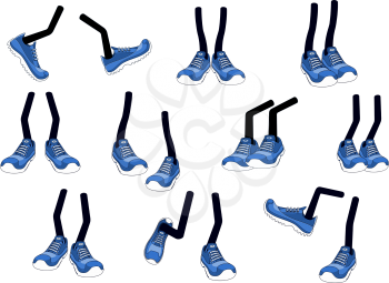Cartoon vector walking feet in blue trainers or sneakers on stick legs in various positions