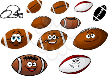 Set of cartoon footballs and rugby balls characters in two variants with and without smiling face together with an American football helmet