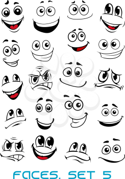 Cartoon faces with different expressions, mostly happy and smiling, featuring the eyes and mouth, design elements on white
