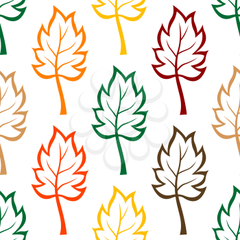 Seamless background pattern of colorful leaves in an outline sketch design in multiple colors, square format suitable for fabric, wallpaper and wrapping paper design