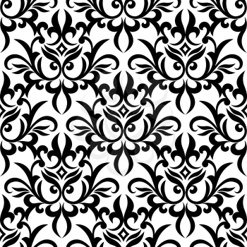 Decorative floral seamless pattern with black flowers on white background for wallpaper design