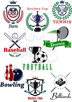Heraldic sporting emblems or badges for darts, hockey, tennis, baseball, football, bowling and billiards sports design