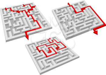 Labyrinth puzzles with red arrow solutions showing the way through the tunnels to the center or exit, isolated on white