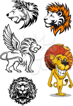 Cartoon and heraldic lion characters showing heads, winged lion, frontal snarling lion and a goofy grinning colored standing lion
